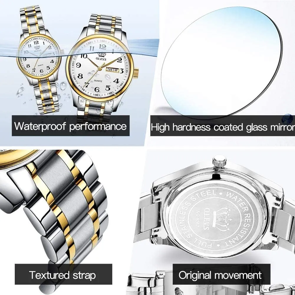 OLEVS His and Her Couple Watches Business Men Women Couple Set Pair Black Watch Matching Romantic Quartz Stainless Steel Waterproof Date