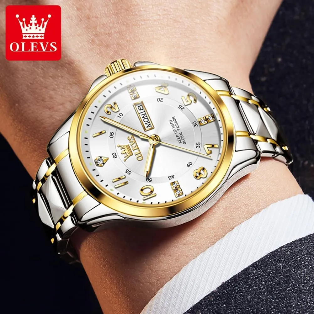 OLEVS Luxury Watches for Men Stainless Steel Watch with Date Classic Big Face Men Business Watches Waterproof Luminous Men Watch reloj para HombreWhite/Gold/Black//Blue