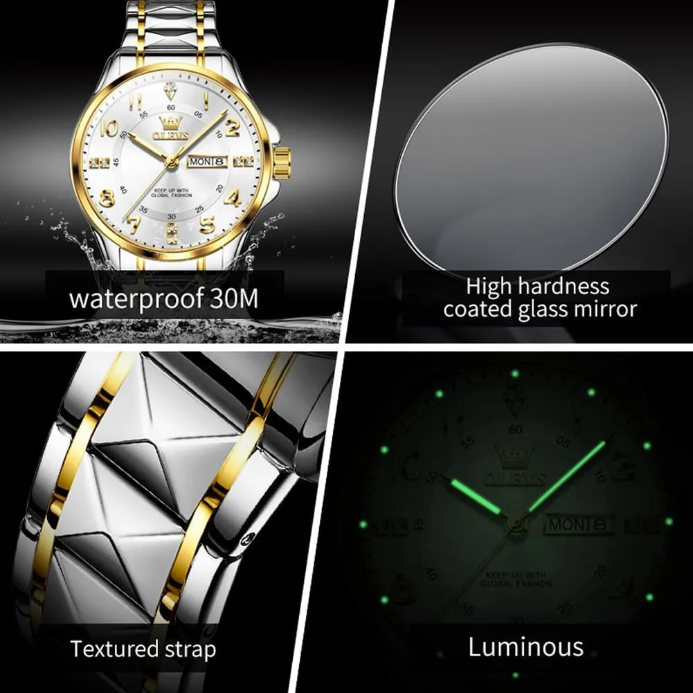 OLEVS Luxury Watches for Men Stainless Steel Watch with Date Classic Big Face Men Business Watches Waterproof Luminous Men Watch reloj para HombreWhite/Gold/Black//Blue
