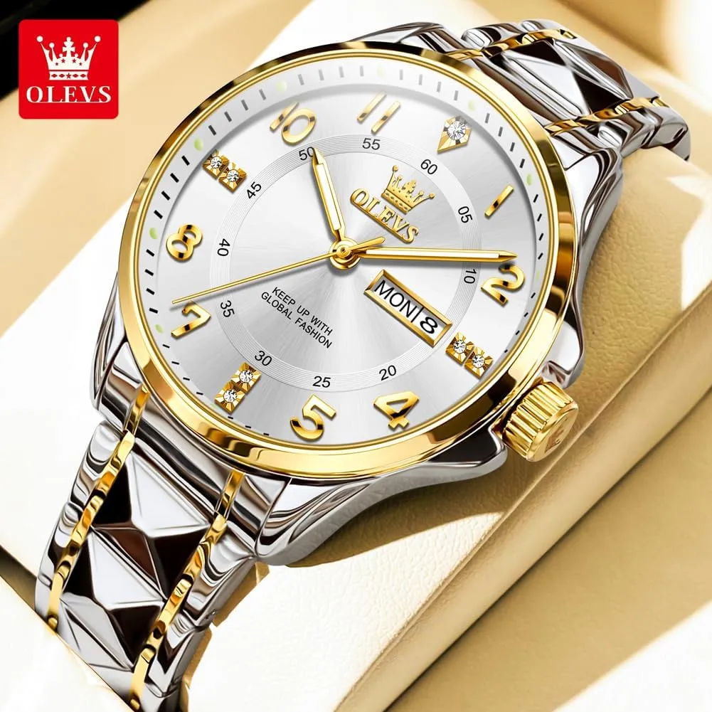 OLEVS Luxury Watches for Men Stainless Steel Watch with Date Classic Big Face Men Business Watches Waterproof Luminous Men Watch reloj para HombreWhite/Gold/Black//Blue