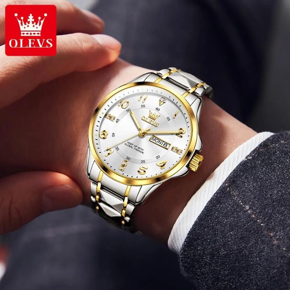 OLEVS Luxury Watches for Men Stainless Steel Watch with Date Classic Big Face Men Business Watches Waterproof Luminous Men Watch reloj para HombreWhite/Gold/Black//Blue