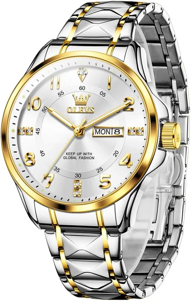 OLEVS Luxury Watches for Men Stainless Steel Watch with Date Classic Big Face Men Business Watches Waterproof Luminous Men Watch reloj para HombreWhite/Gold/Black//Blue