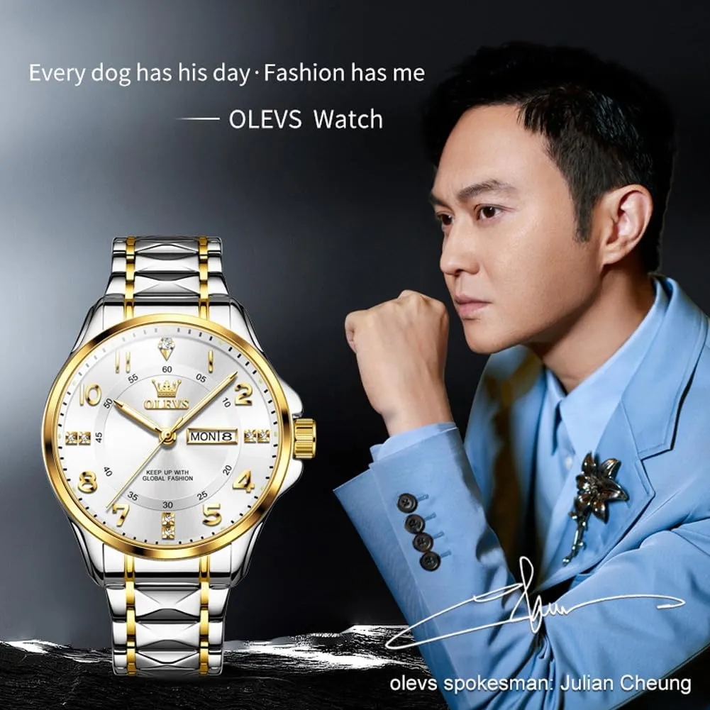 OLEVS Luxury Watches for Men Stainless Steel Watch with Date Classic Big Face Men Business Watches Waterproof Luminous Men Watch reloj para HombreWhite/Gold/Black//Blue
