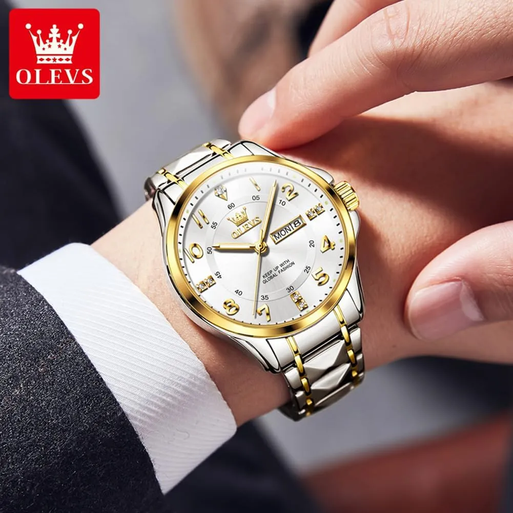 OLEVS Luxury Watches for Men Stainless Steel Watch with Date Classic Big Face Men Business Watches Waterproof Luminous Men Watch reloj para HombreWhite/Gold/Black//Blue
