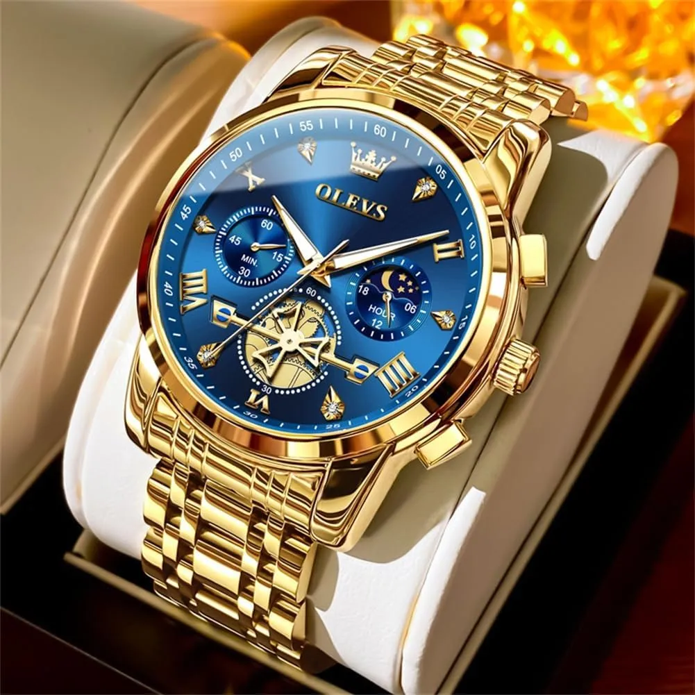 OLEVS Men Silver Watches,Men's Stainless Steel Chronograph Watch,Man Analog Quartz Big Face Male Watches Luxury Waterproof Roman Numeral Dress Diamond Relojes para Hombre