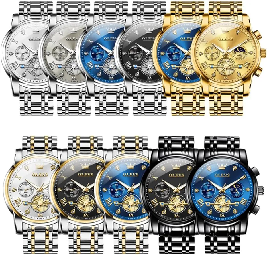 OLEVS Men Silver Watches,Men's Stainless Steel Chronograph Watch,Man Analog Quartz Big Face Male Watches Luxury Waterproof Roman Numeral Dress Diamond Relojes para Hombre