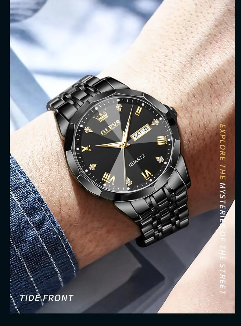 OLEVS Mens Watch Stainless Steel Analog Quartz Watches for Men Day Date Easy Read Diamond Waterproof Dress Luxury Classic Casual Big Face Blue/Black/Gold/Silver Roman Arabic Numerals Men's Wrist Watch