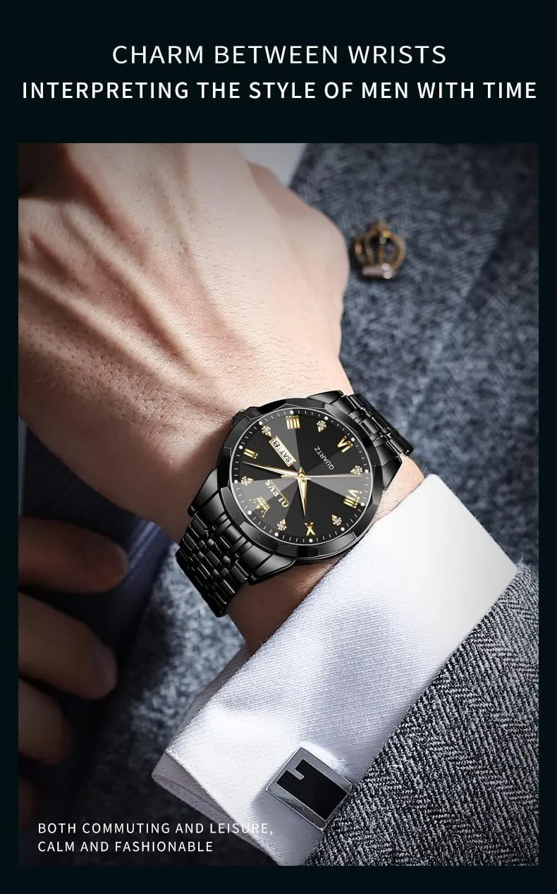 OLEVS Mens Watch Stainless Steel Analog Quartz Watches for Men Day Date Easy Read Diamond Waterproof Dress Luxury Classic Casual Big Face Blue/Black/Gold/Silver Roman Arabic Numerals Men's Wrist Watch