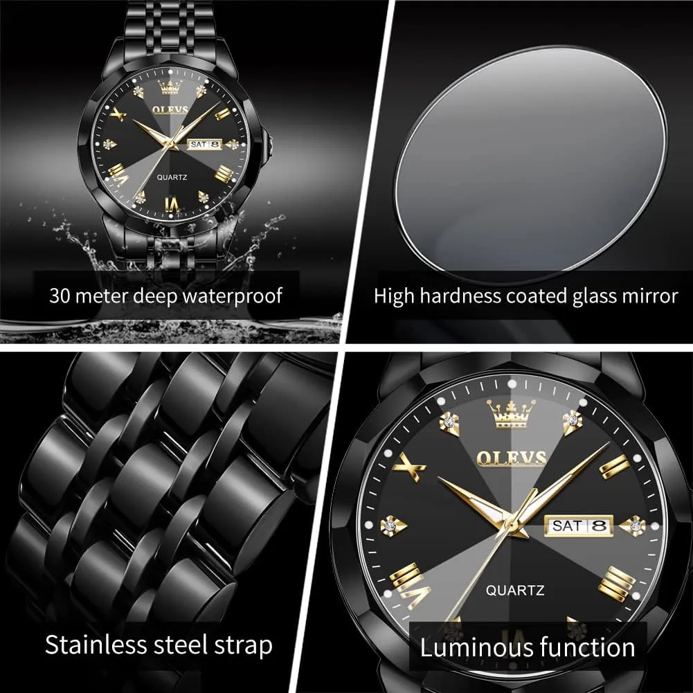 OLEVS Mens Watch Stainless Steel Analog Quartz Watches for Men Day Date Easy Read Diamond Waterproof Dress Luxury Classic Casual Big Face Blue/Black/Gold/Silver Roman Arabic Numerals Men's Wrist Watch