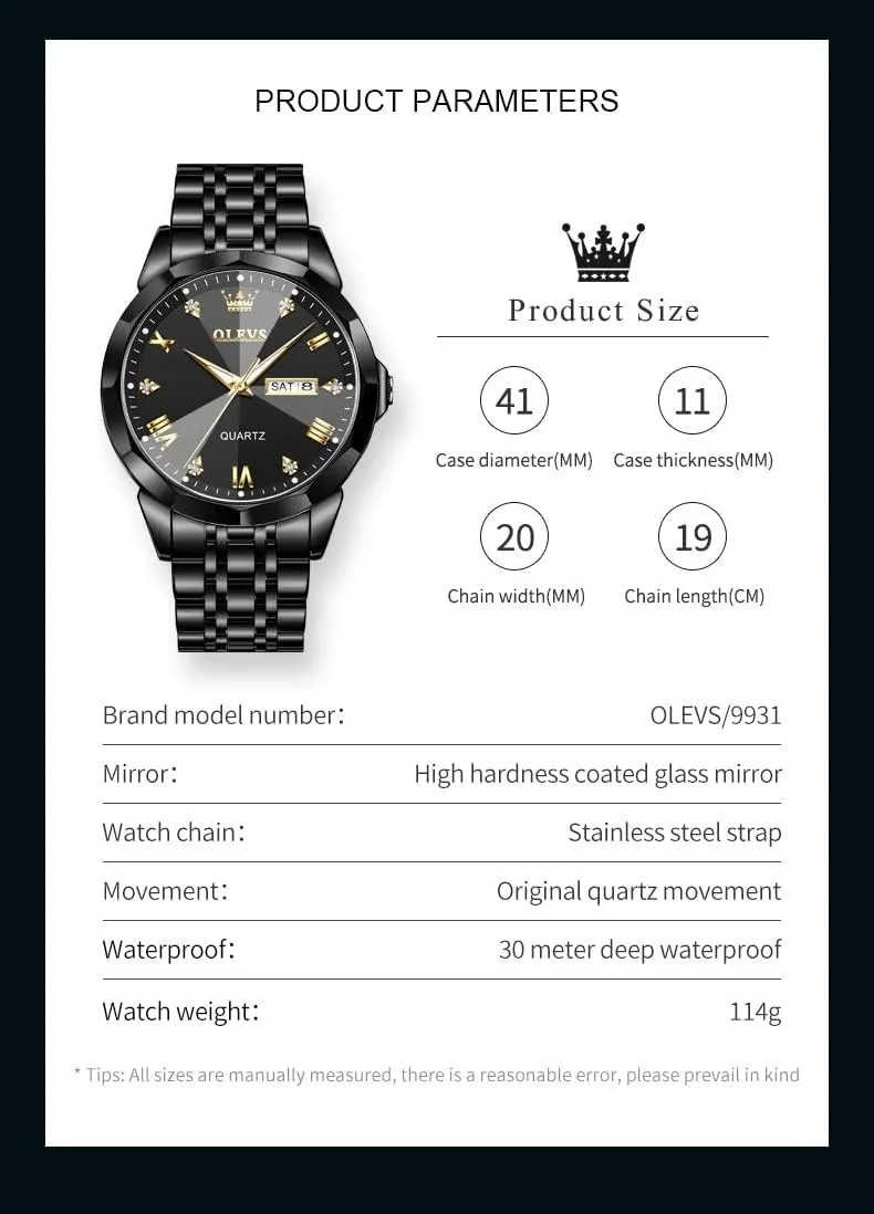 OLEVS Mens Watch Stainless Steel Analog Quartz Watches for Men Day Date Easy Read Diamond Waterproof Dress Luxury Classic Casual Big Face Blue/Black/Gold/Silver Roman Arabic Numerals Men's Wrist Watch