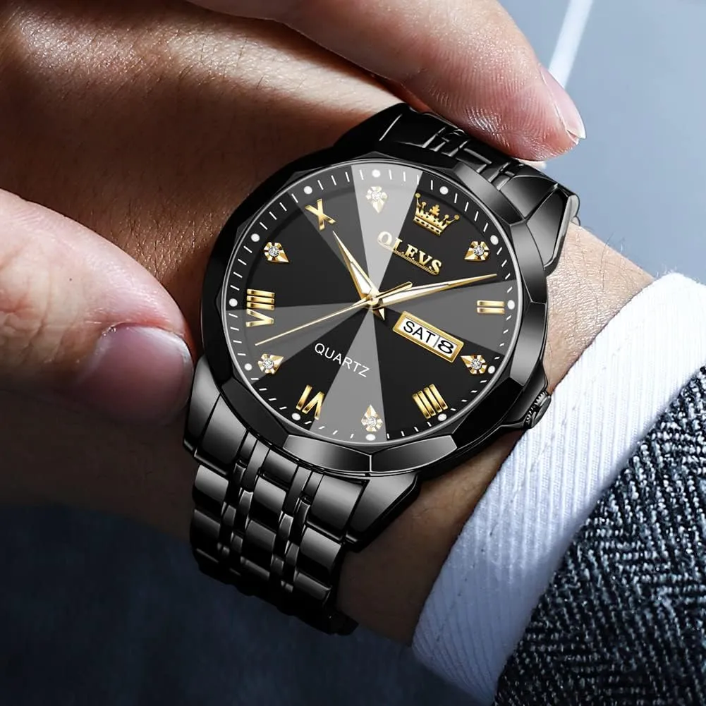 OLEVS Mens Watch Stainless Steel Analog Quartz Watches for Men Day Date Easy Read Diamond Waterproof Dress Luxury Classic Casual Big Face Blue/Black/Gold/Silver Roman Arabic Numerals Men's Wrist Watch
