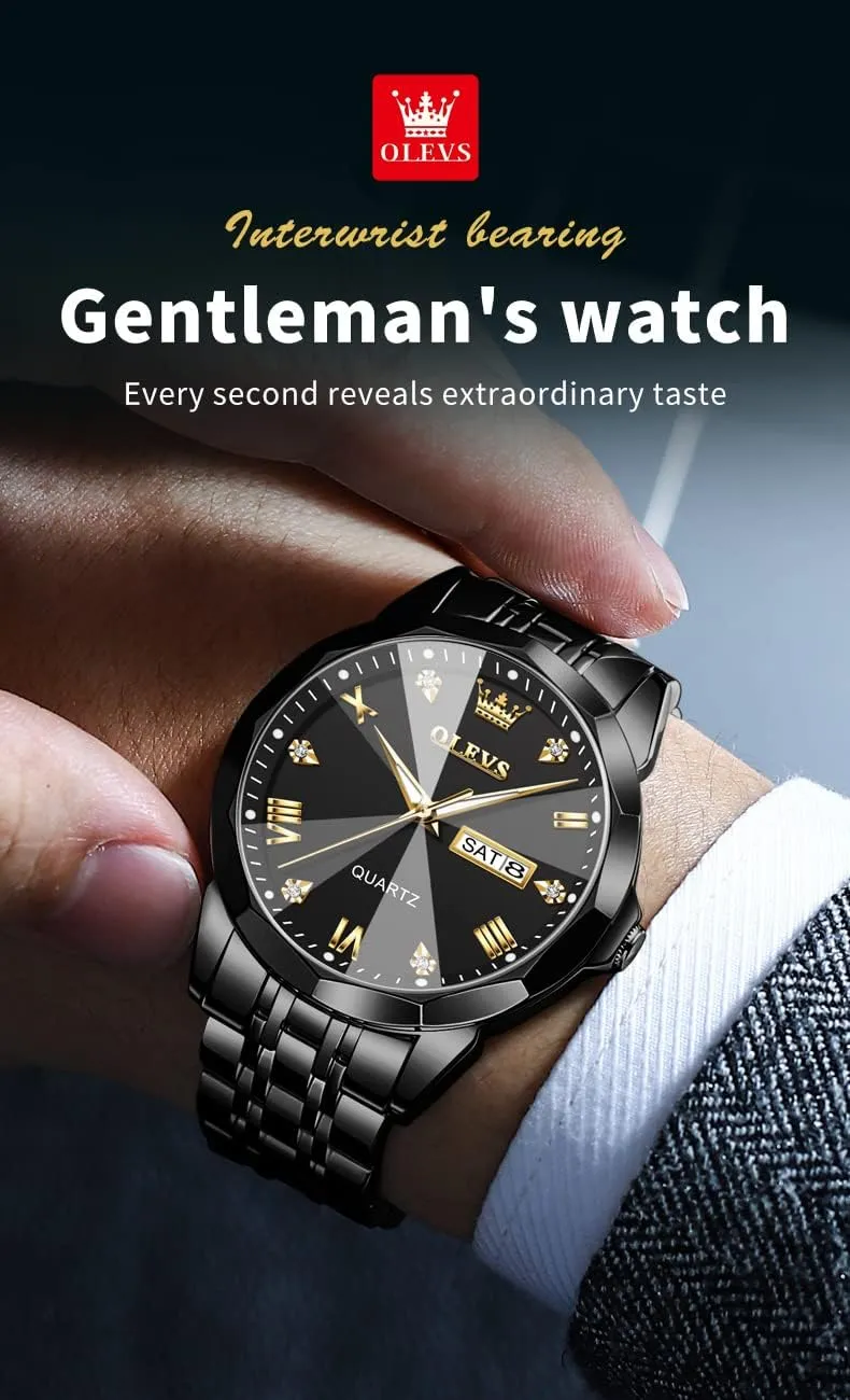 OLEVS Mens Watch Stainless Steel Analog Quartz Watches for Men Day Date Easy Read Diamond Waterproof Dress Luxury Classic Casual Big Face Blue/Black/Gold/Silver Roman Arabic Numerals Men's Wrist Watch