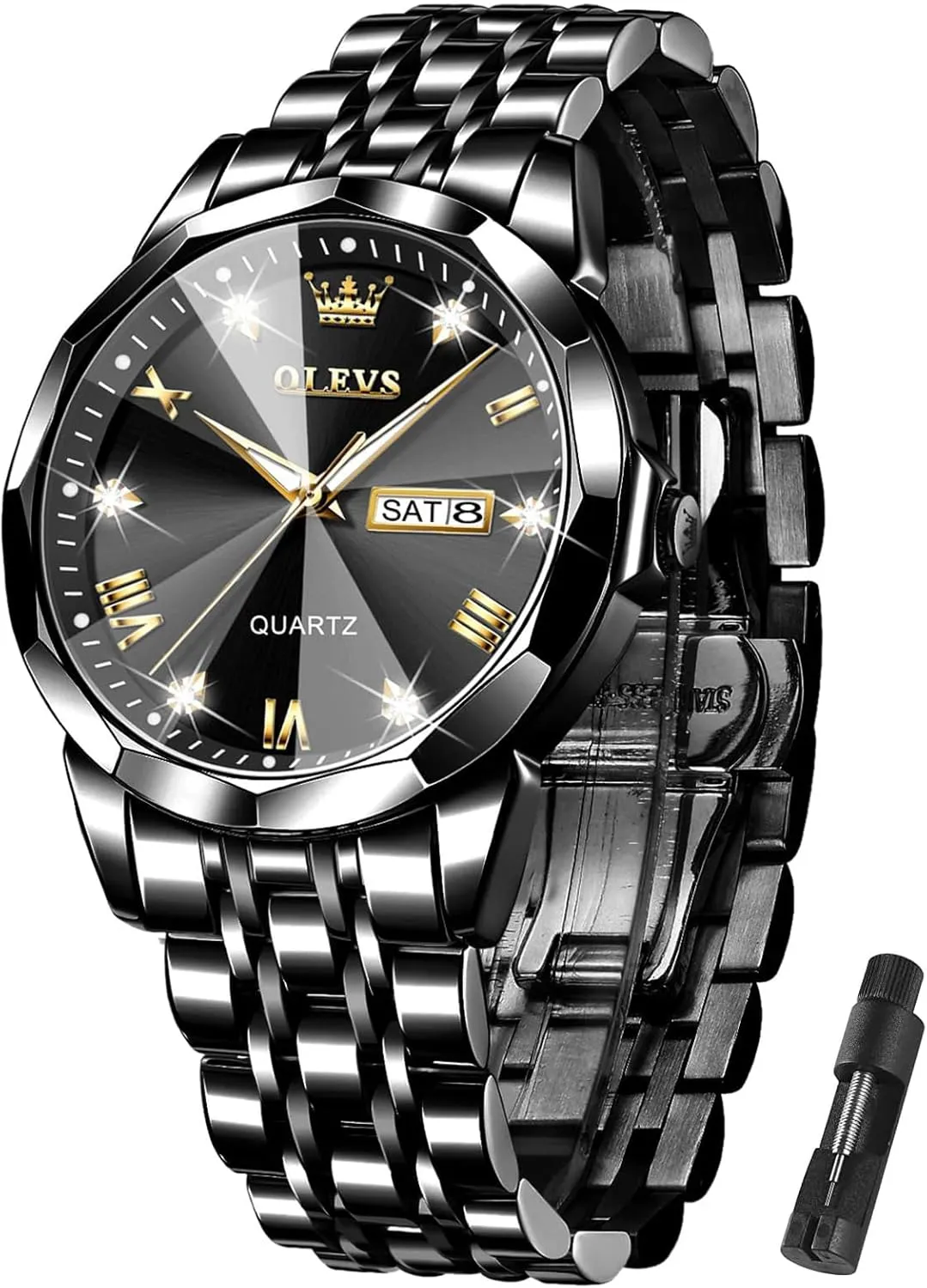 OLEVS Mens Watch Stainless Steel Analog Quartz Watches for Men Day Date Easy Read Diamond Waterproof Dress Luxury Classic Casual Big Face Blue/Black/Gold/Silver Roman Arabic Numerals Men's Wrist Watch