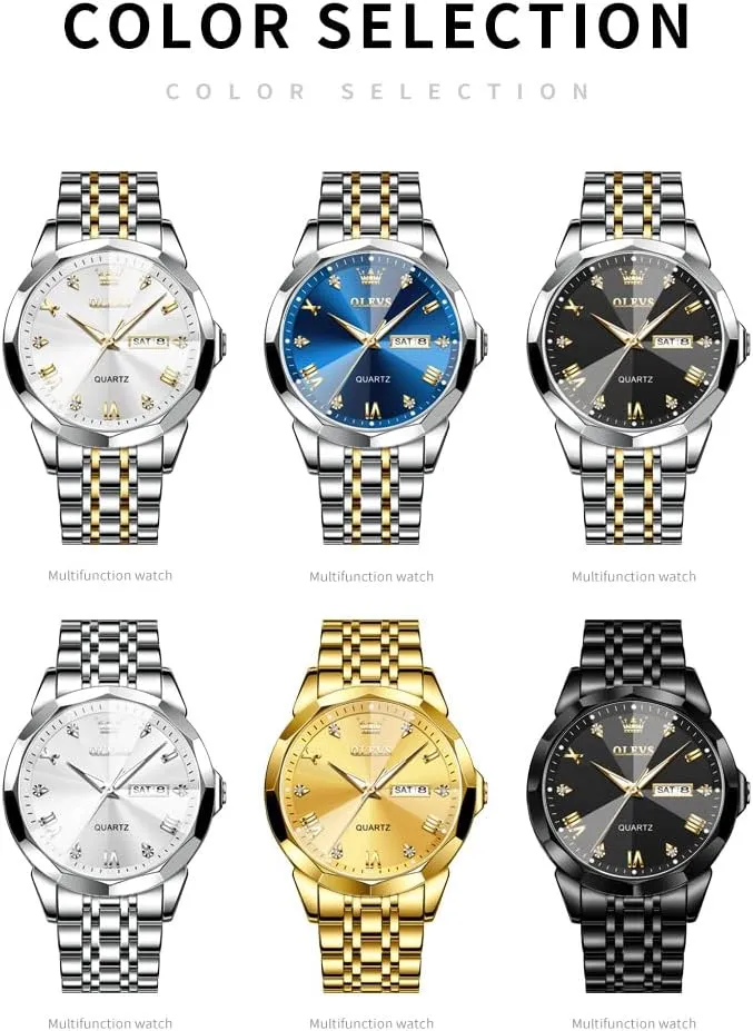 OLEVS Mens Watch Stainless Steel Analog Quartz Watches for Men Day Date Easy Read Diamond Waterproof Dress Luxury Classic Casual Big Face Blue/Black/Gold/Silver Roman Arabic Numerals Men's Wrist Watch