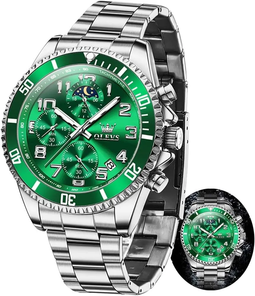 OLEVS Mens Watches Chronograph Watch Luxury Dress Stainless Steel Waterproof Watches for Men Moon Phase Luminous Business Calendar Wrist Watch Blue/Black/Green/Gold/Face
