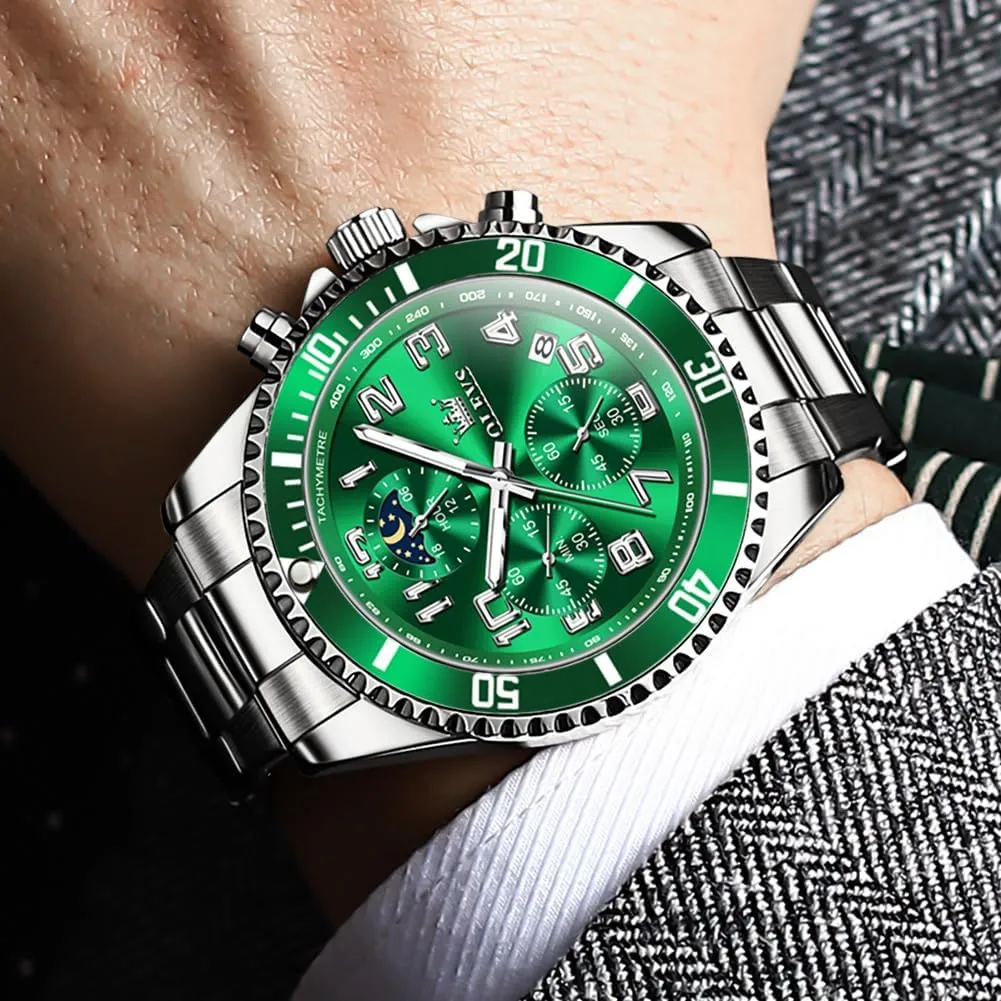 OLEVS Mens Watches Chronograph Watch Luxury Dress Stainless Steel Waterproof Watches for Men Moon Phase Luminous Business Calendar Wrist Watch Blue/Black/Green/Gold/Face