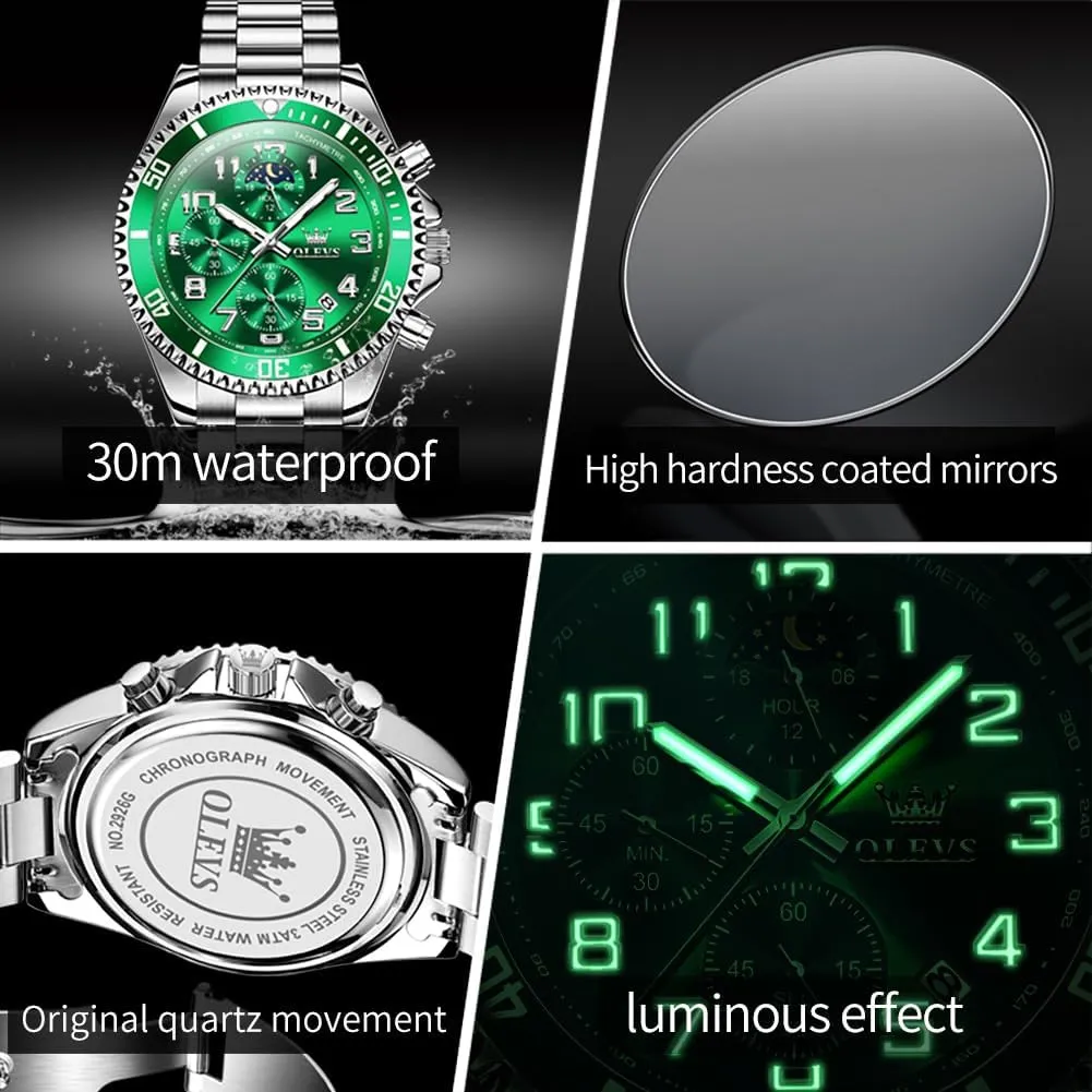 OLEVS Mens Watches Chronograph Watch Luxury Dress Stainless Steel Waterproof Watches for Men Moon Phase Luminous Business Calendar Wrist Watch Blue/Black/Green/Gold/Face