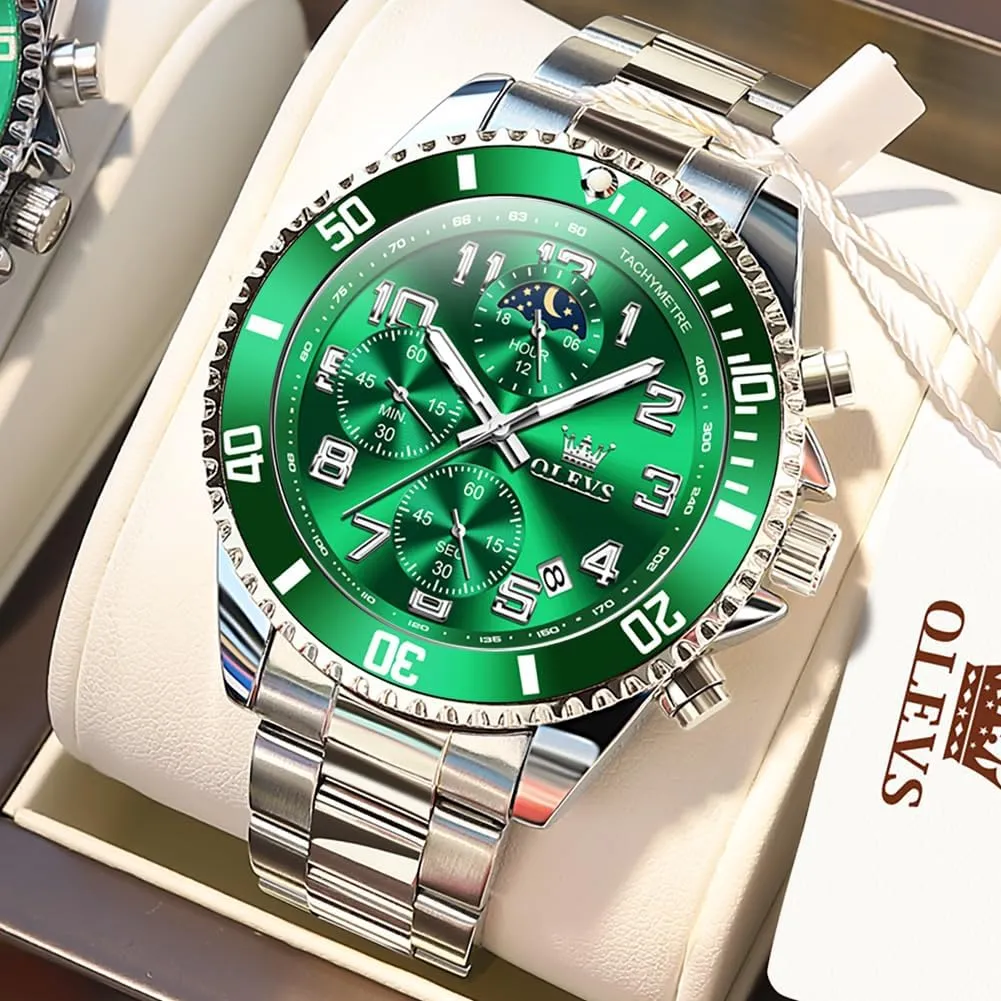 OLEVS Mens Watches Chronograph Watch Luxury Dress Stainless Steel Waterproof Watches for Men Moon Phase Luminous Business Calendar Wrist Watch Blue/Black/Green/Gold/Face