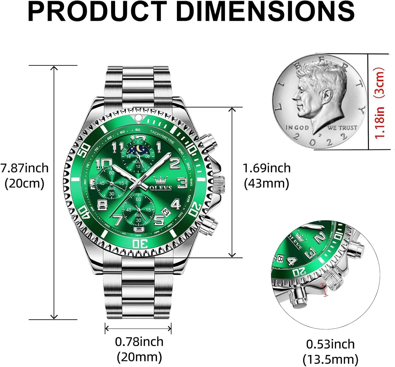 OLEVS Mens Watches Chronograph Watch Luxury Dress Stainless Steel Waterproof Watches for Men Moon Phase Luminous Business Calendar Wrist Watch Blue/Black/Green/Gold/Face