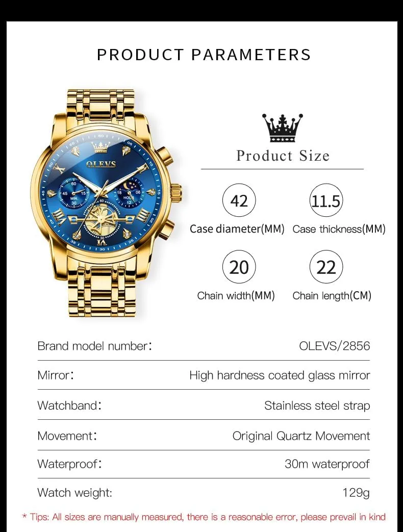 OLEVS Watches Men Waterproof Luxury Big Face Mens Watch Stainless Steel Quartz Analog Dress Watches for Men Luminous Multifunction Man Watch Relojes De Hombre