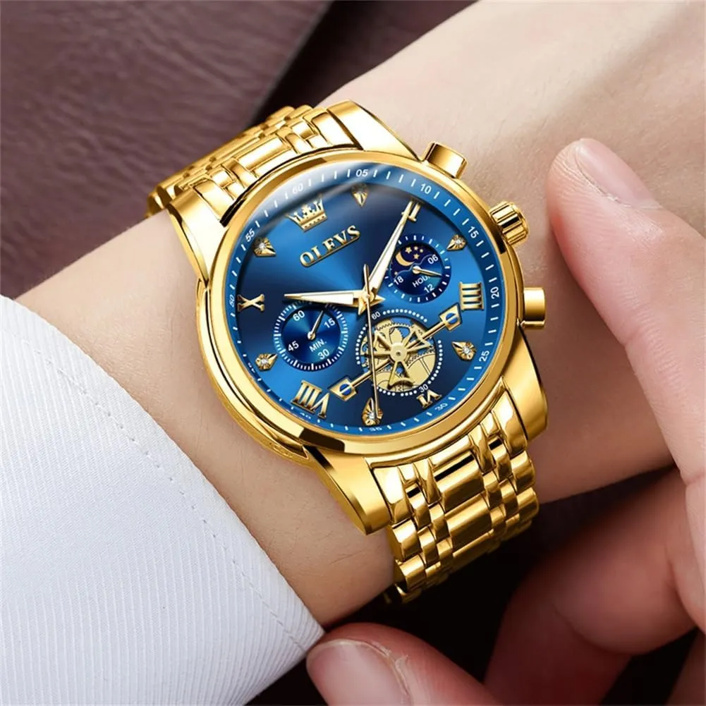 OLEVS Watches Men Waterproof Luxury Big Face Mens Watch Stainless Steel Quartz Analog Dress Watches for Men Luminous Multifunction Man Watch Relojes De Hombre