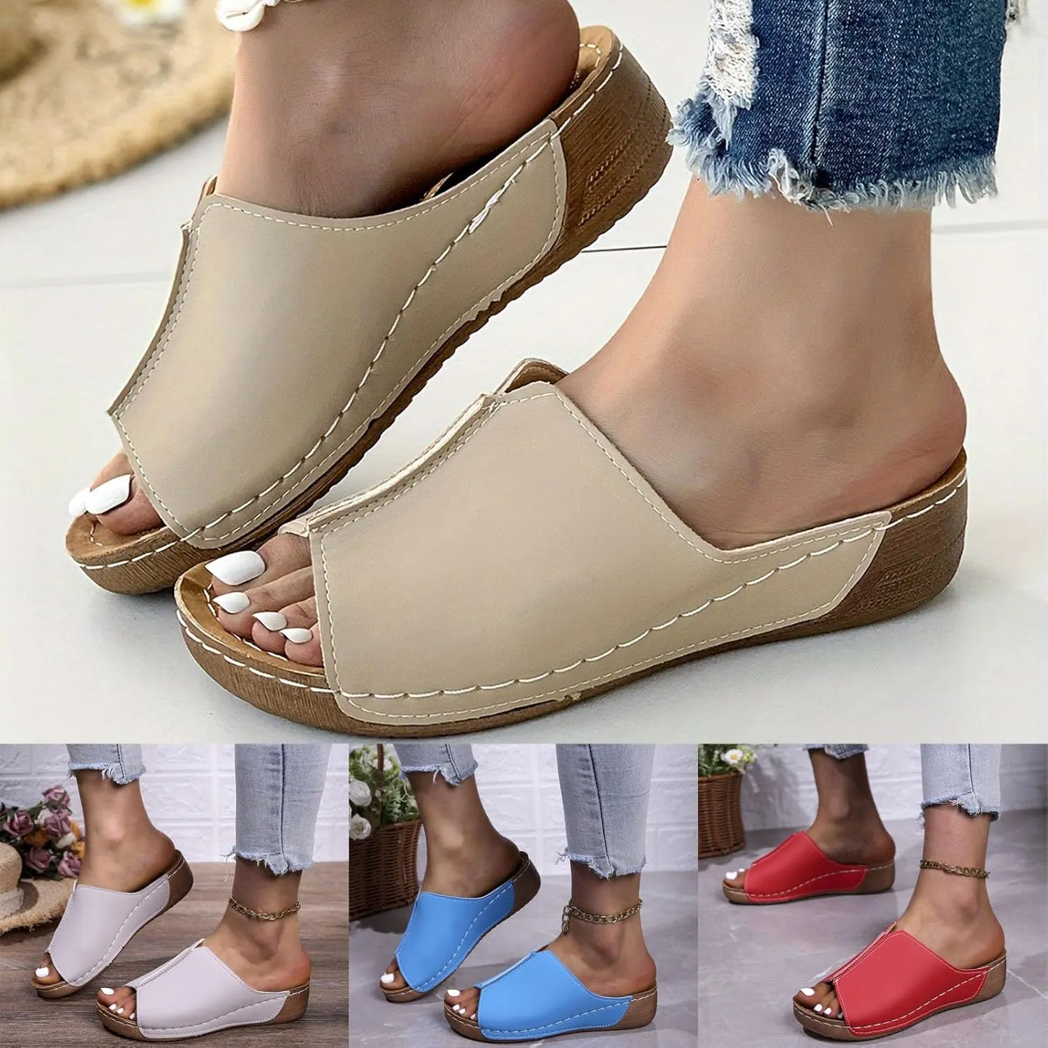 Orthopedic Sandals 2024 New Summer Dressy Leather Orthopedic Wedge Sandals Comfortable Platform Arch Support Slip Sandals