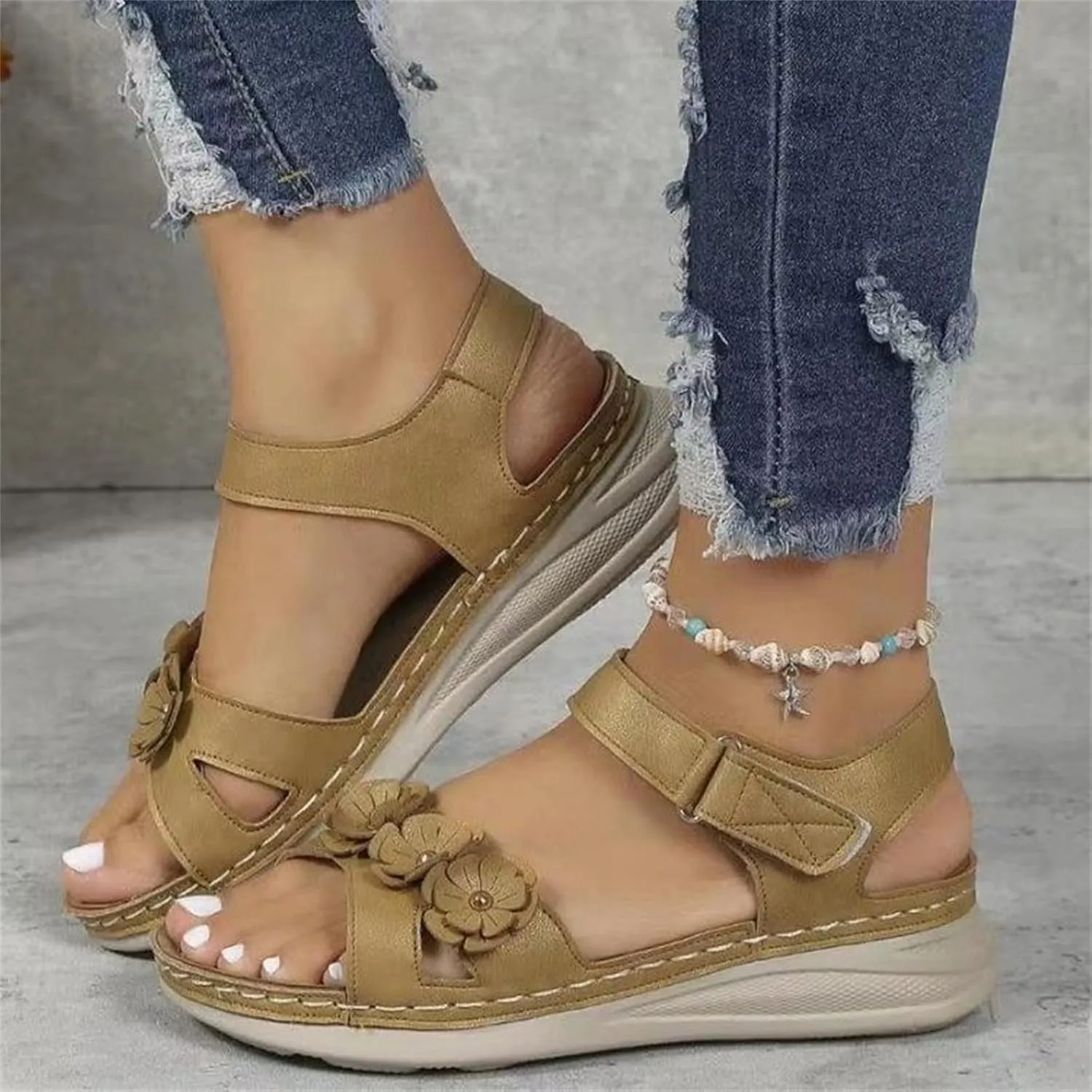 Orthopedic Sandals for Women Hook Loop Non Slip Wedge Walking Sandals, Ankle Strap Slip On Platform Shoes Comfortable Fish Mouth Open Toe Flower Platform Shoes