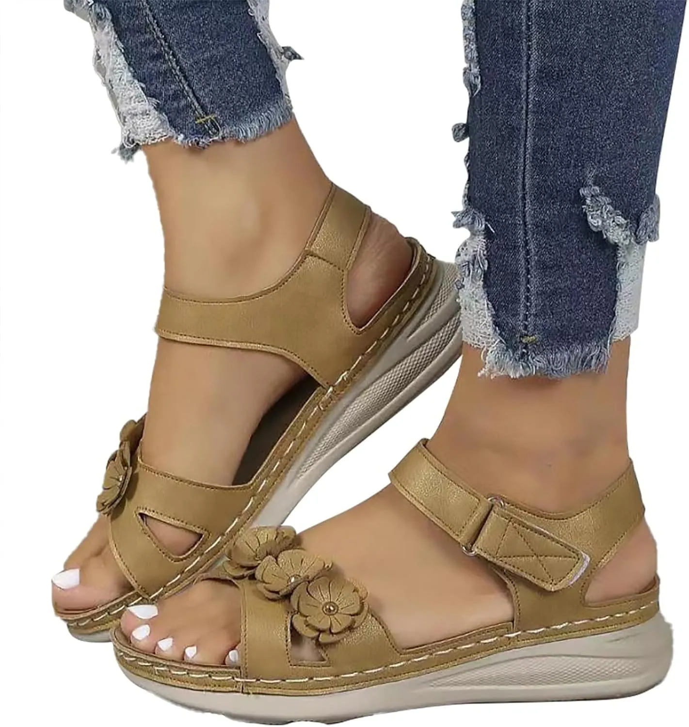 Orthopedic Sandals for Women Hook Loop Non Slip Wedge Walking Sandals, Ankle Strap Slip On Platform Shoes Comfortable Fish Mouth Open Toe Flower Platform Shoes