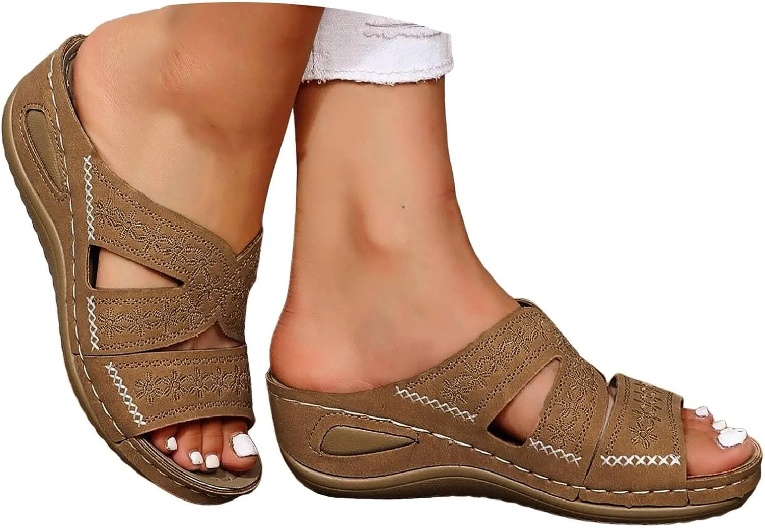 Orthopedic Sandals for Women Wide Width, Women Dressy Summer Wedges Slip On Comfortable Sandals Arch Support Hollow Out Slides Sandal Boho Beach Sandal Casual Dress Shoes