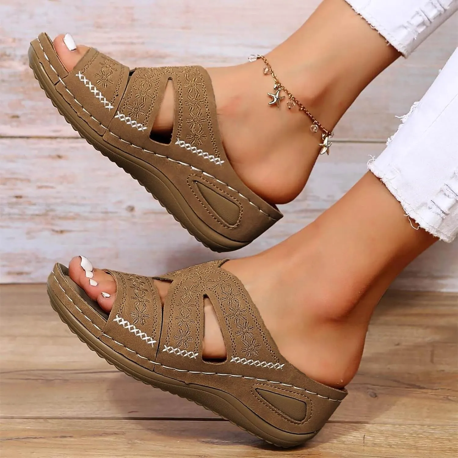 Orthopedic Sandals for Women Wide Width, Women Dressy Summer Wedges Slip On Comfortable Sandals Arch Support Hollow Out Slides Sandal Boho Beach Sandal Casual Dress Shoes