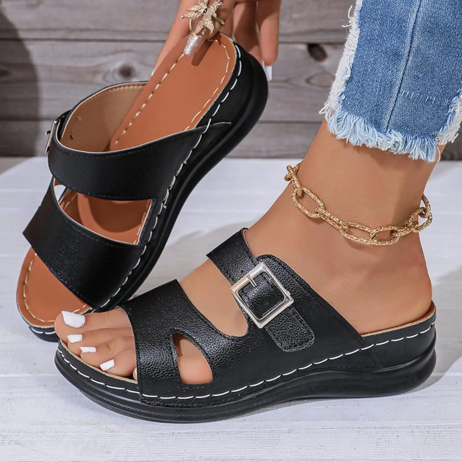 Ortopedicos Shoes for Woman 2025 Summer Beach Low Wedg Slides with Arch Support Comfortable Double Strap Shoes