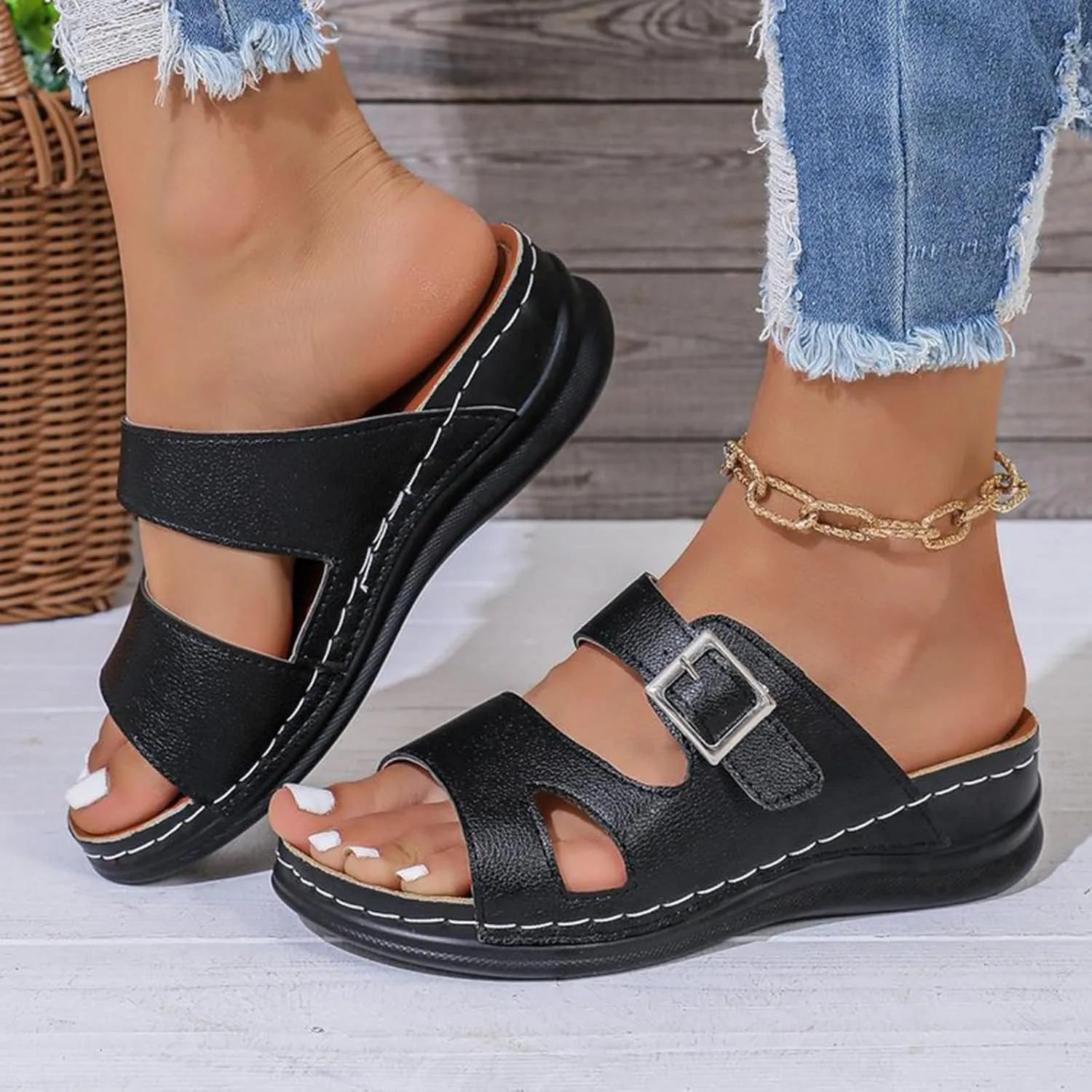 Ortopedicos Shoes for Woman 2025 Summer Beach Low Wedg Slides with Arch Support Comfortable Double Strap Shoes