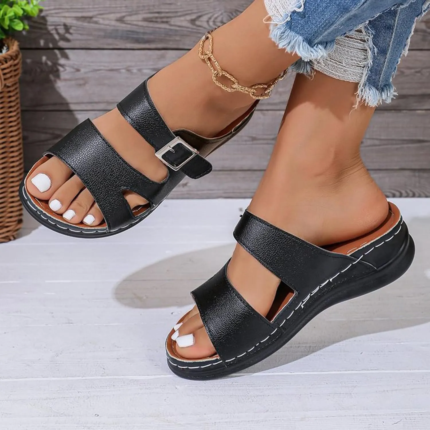 Ortopedicos Shoes for Woman 2025 Summer Beach Low Wedg Slides with Arch Support Comfortable Double Strap Shoes