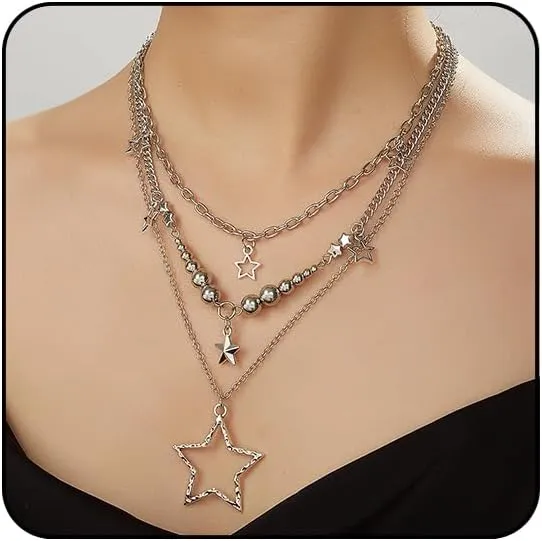 Otxas Star Necklace Silver Y2k Necklaces Layered Star Pendant Necklaces for Women Silver Star Necklace Star Jewelry for Women