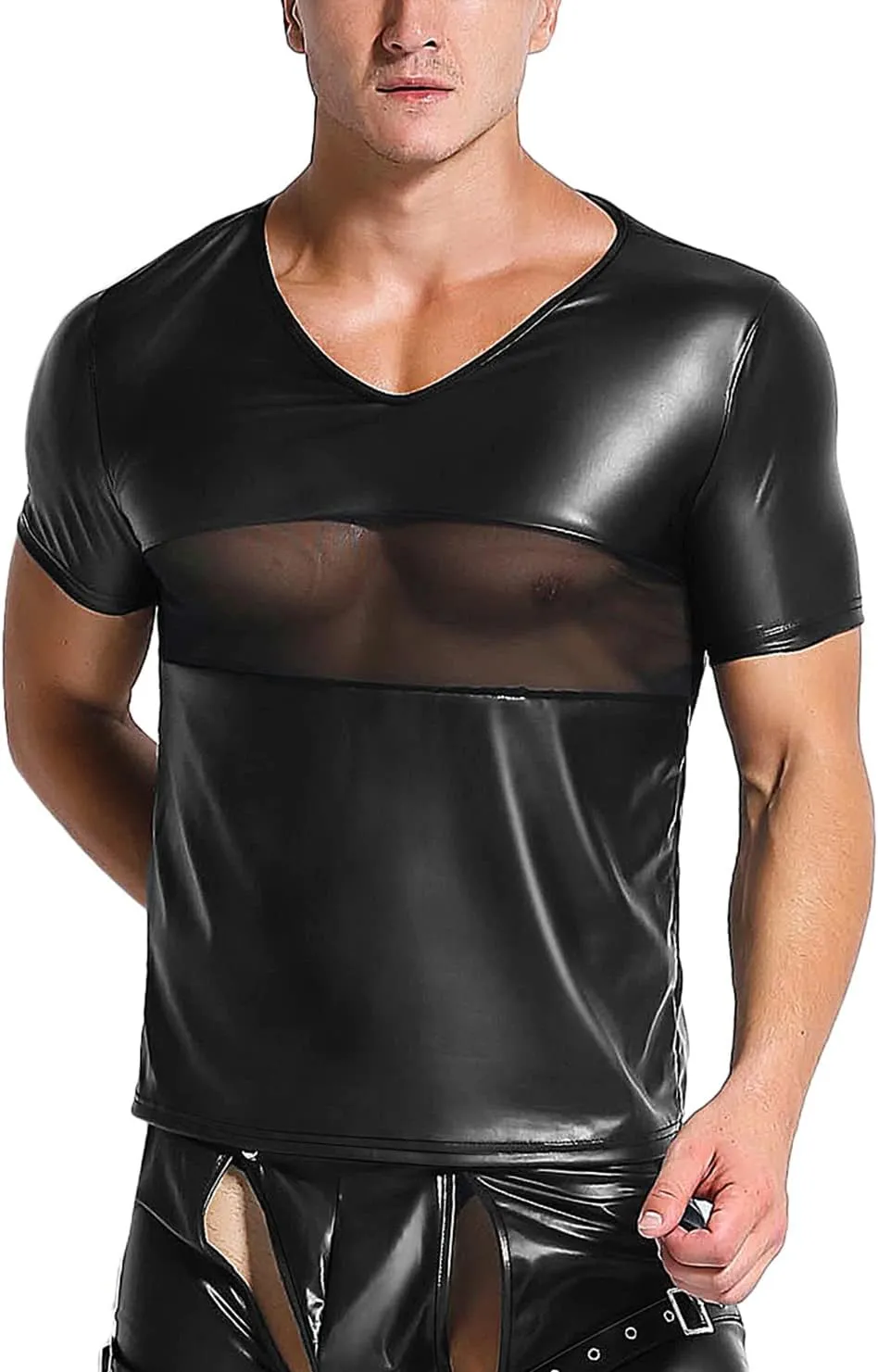 Panegy Men's Sculpting Leather Short Sleeves Side Mesh Cross Bodysuit Slim Fit Briefs Sexy Waist