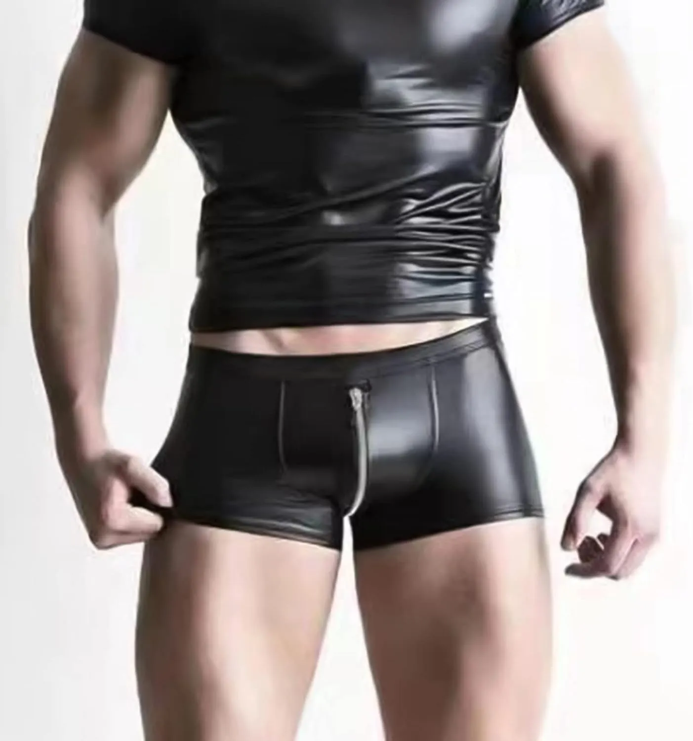 Panegy Men's Sculpting Leather Short Sleeves Side Mesh Cross Bodysuit Slim Fit Briefs Sexy Waist