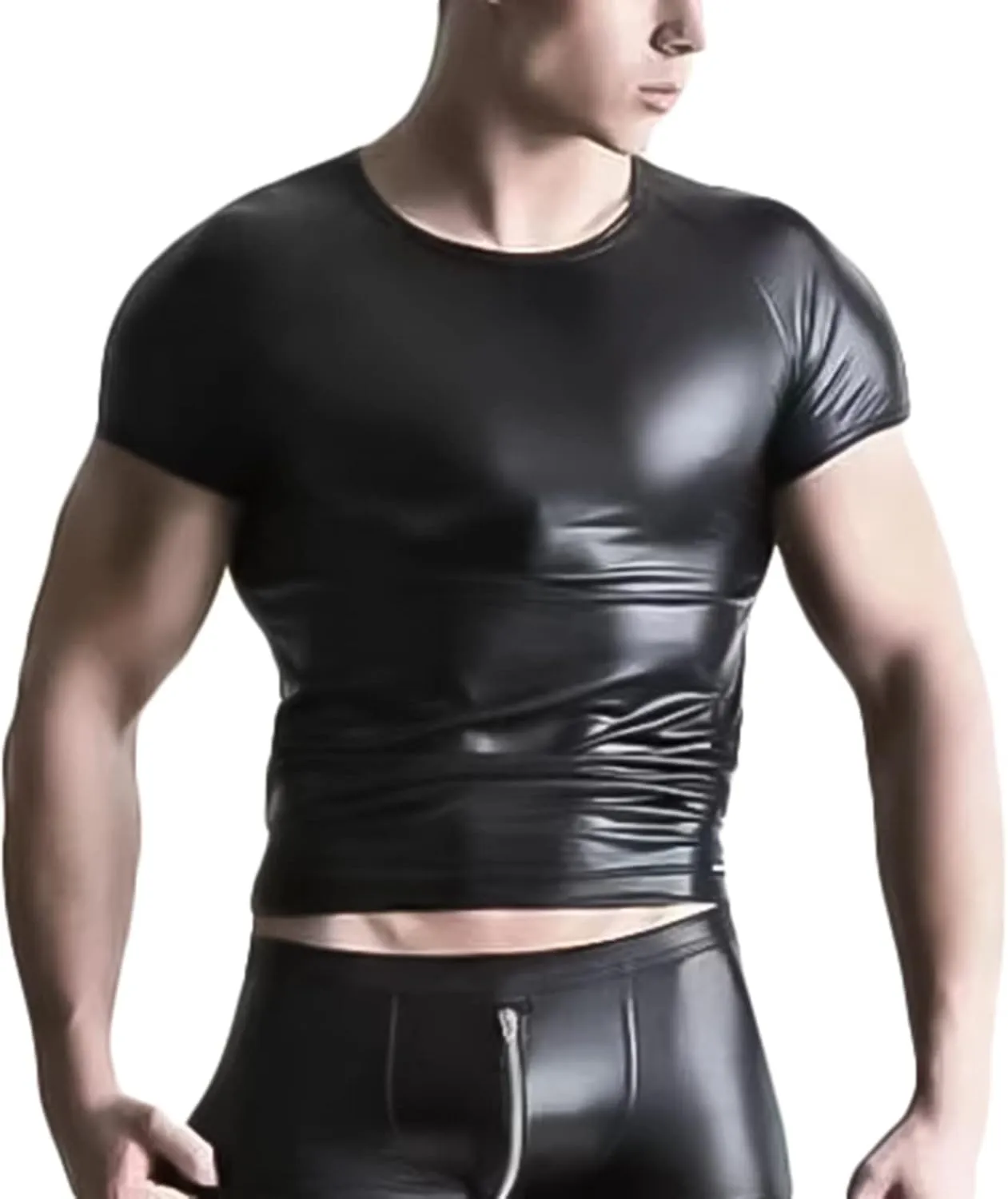 Panegy Men's Sculpting Leather Short Sleeves Side Mesh Cross Bodysuit Slim Fit Briefs Sexy Waist