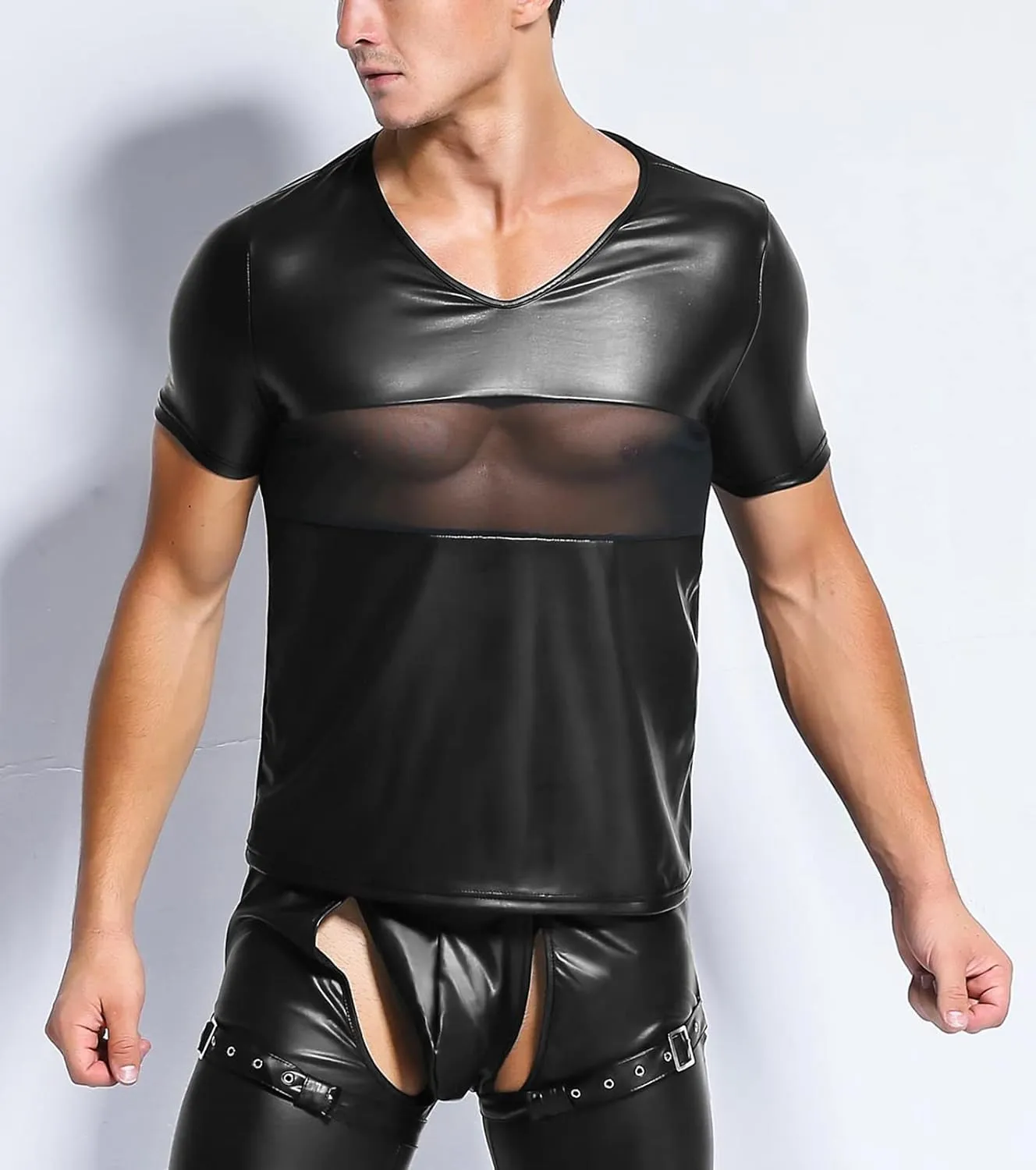 Panegy Men's Sculpting Leather Short Sleeves Side Mesh Cross Bodysuit Slim Fit Briefs Sexy Waist