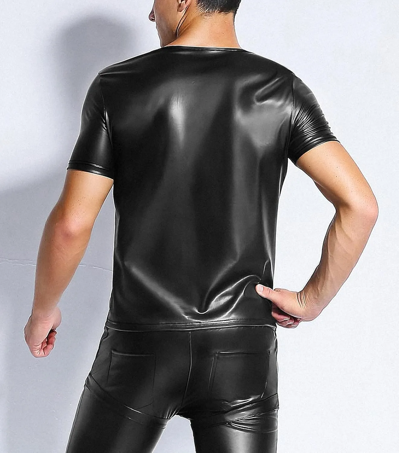 Panegy Men's Sculpting Leather Short Sleeves Side Mesh Cross Bodysuit Slim Fit Briefs Sexy Waist