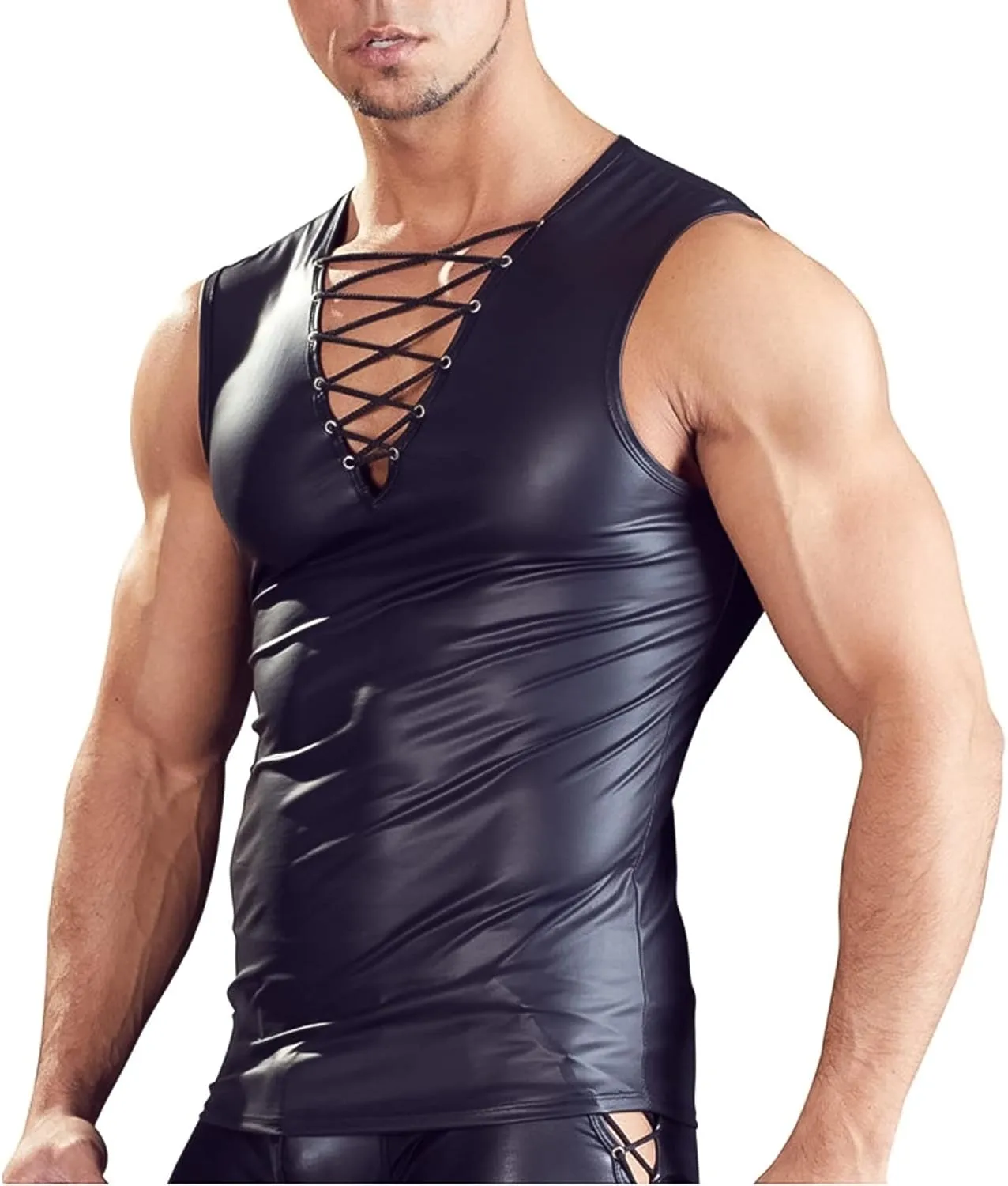 Panegy Men's Sculpting Leather Short Sleeves Side Mesh Cross Bodysuit Slim Fit Briefs Sexy Waist