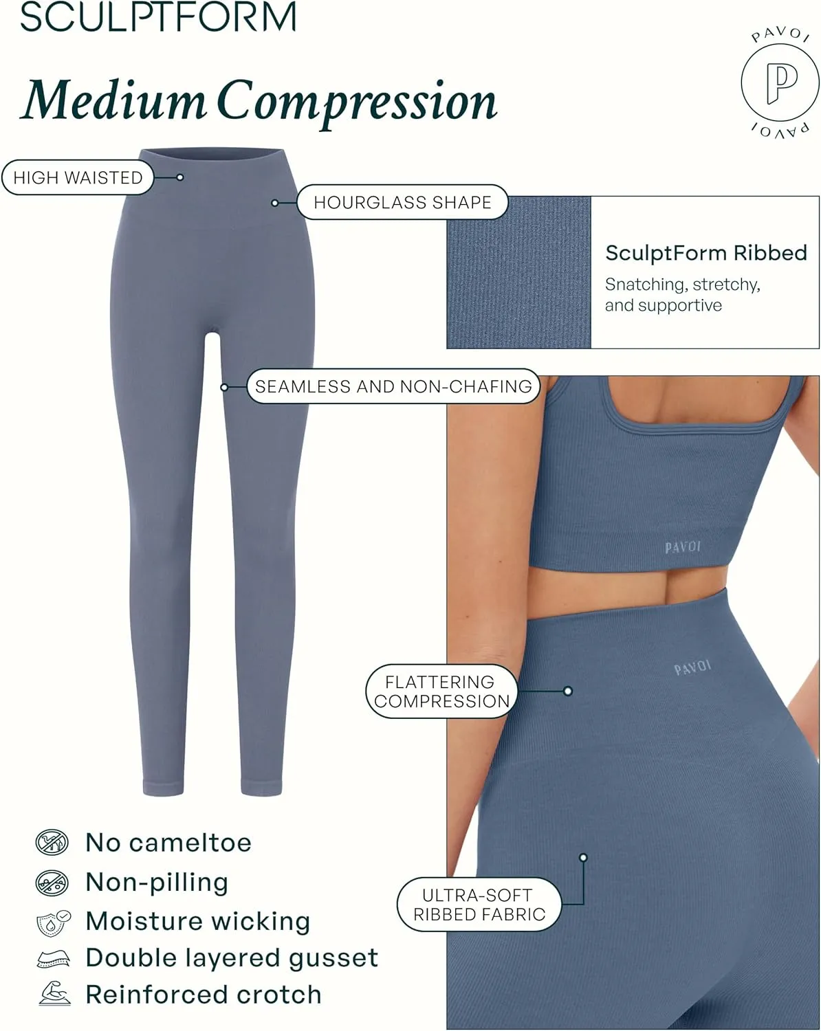 PAVOI ACTIVE Seamless Scrunch Butt Leggings | High Waisted Compression Sculpting Women Full Length Workout Pants | SculptForm