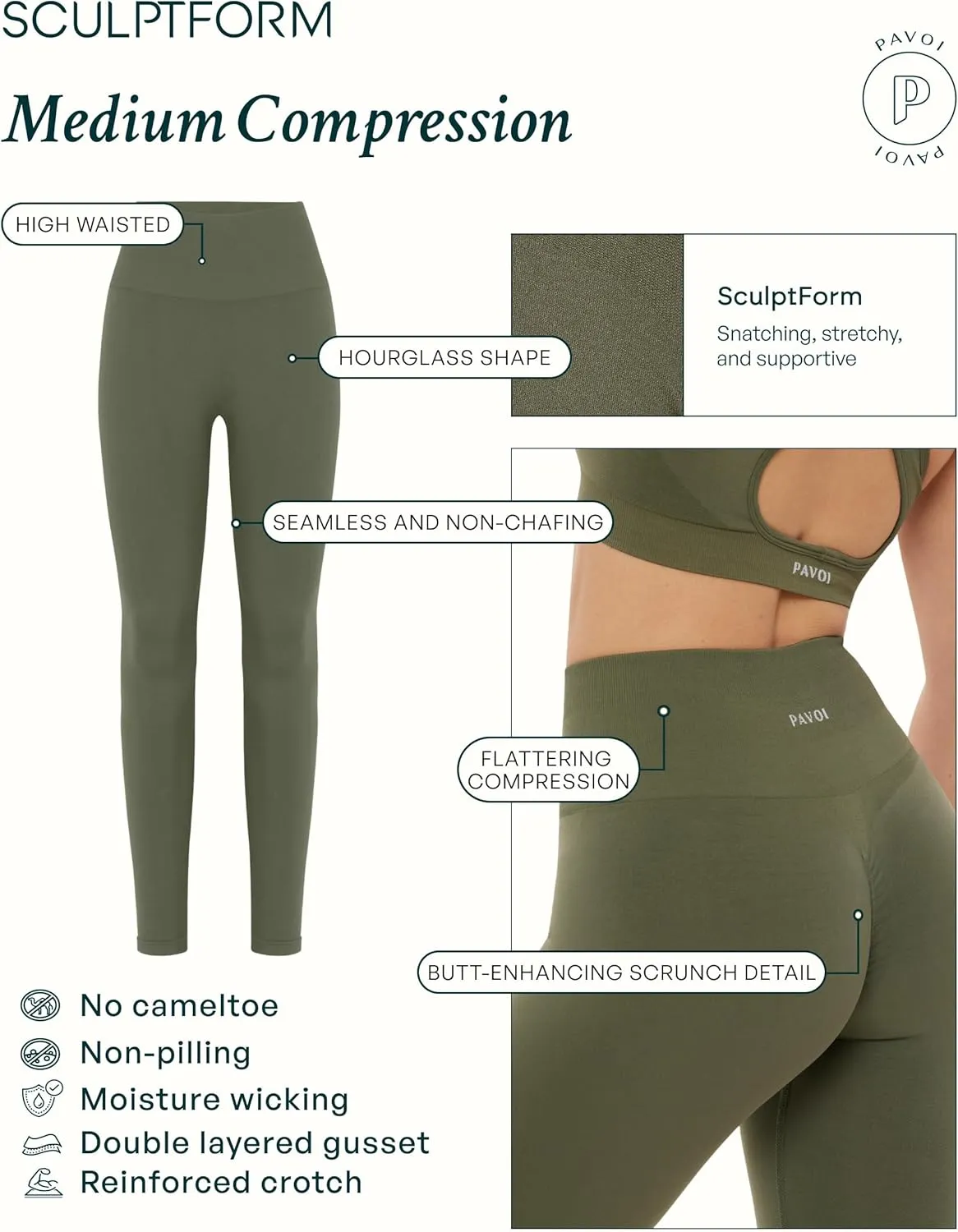 PAVOI ACTIVE Seamless Scrunch Butt Leggings | High Waisted Compression Sculpting Women Full Length Workout Pants | SculptForm