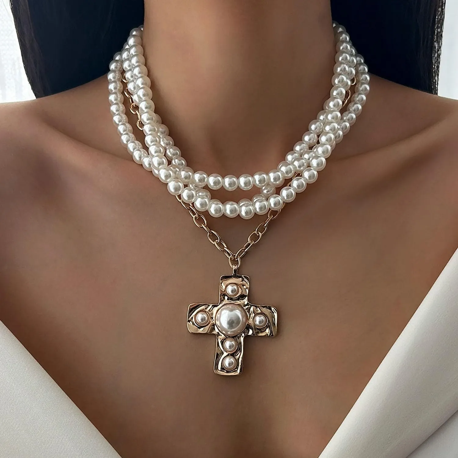 Pearl Cross Necklace for Women Chunky Layered Pearl Necklace Big Cross Pendants Necklaces Gothic cross Necklaces Punk Vintage Jewelry Women
