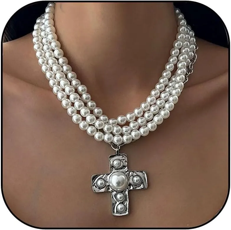 Pearl Cross Necklace for Women Chunky Layered Pearl Necklace Big Cross Pendants Necklaces Gothic cross Necklaces Punk Vintage Jewelry Women
