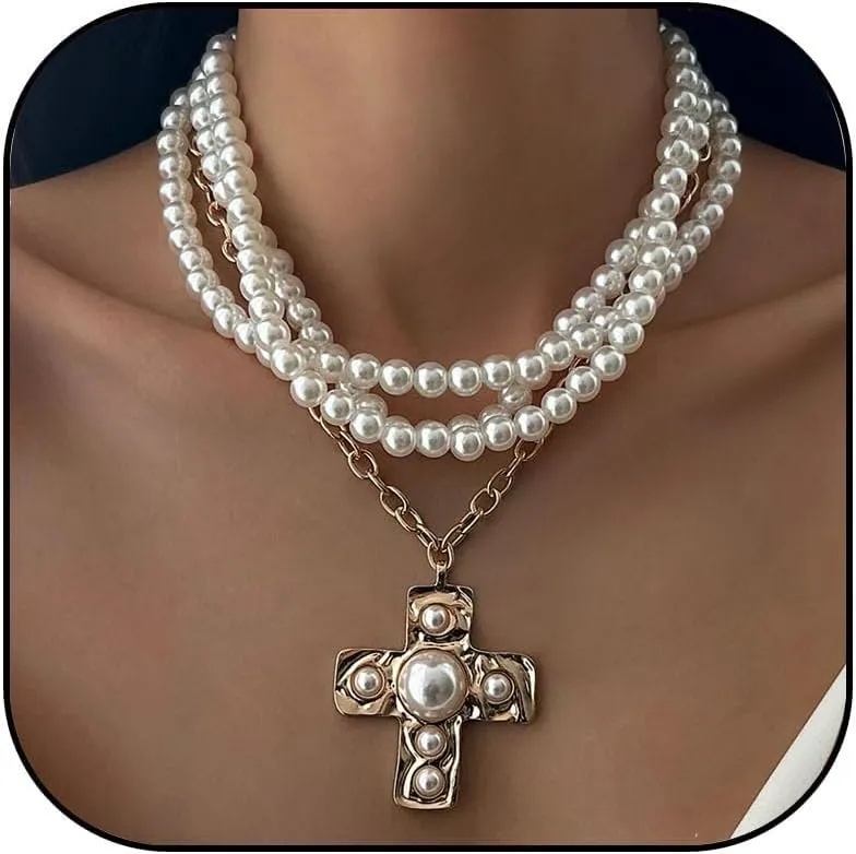 Pearl Cross Necklace for Women Chunky Layered Pearl Necklace Big Cross Pendants Necklaces Gothic cross Necklaces Punk Vintage Jewelry Women