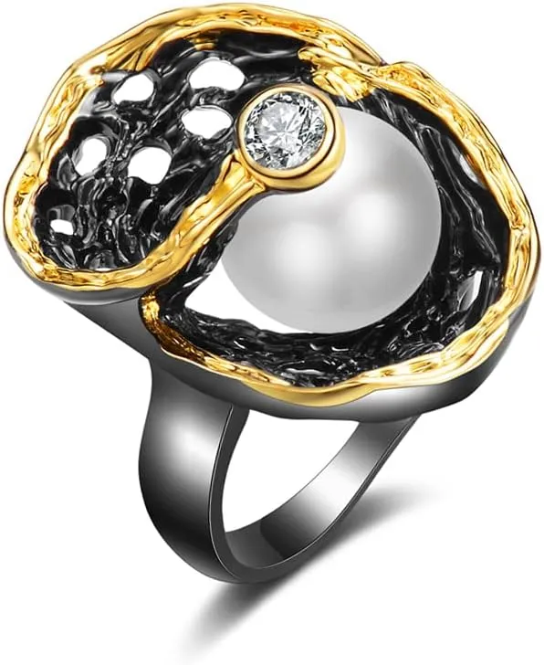 Pearl Rings for Women, Fashion Infinity Flower Ring Crystal Statement Ring Band Cocktail Costume Jewelry for Her