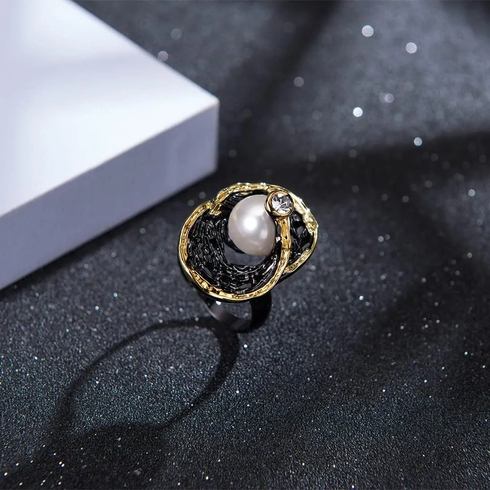 Pearl Rings for Women, Fashion Infinity Flower Ring Crystal Statement Ring Band Cocktail Costume Jewelry for Her