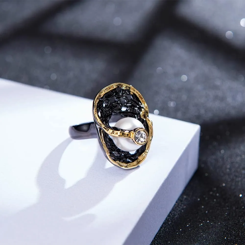 Pearl Rings for Women, Fashion Infinity Flower Ring Crystal Statement Ring Band Cocktail Costume Jewelry for Her