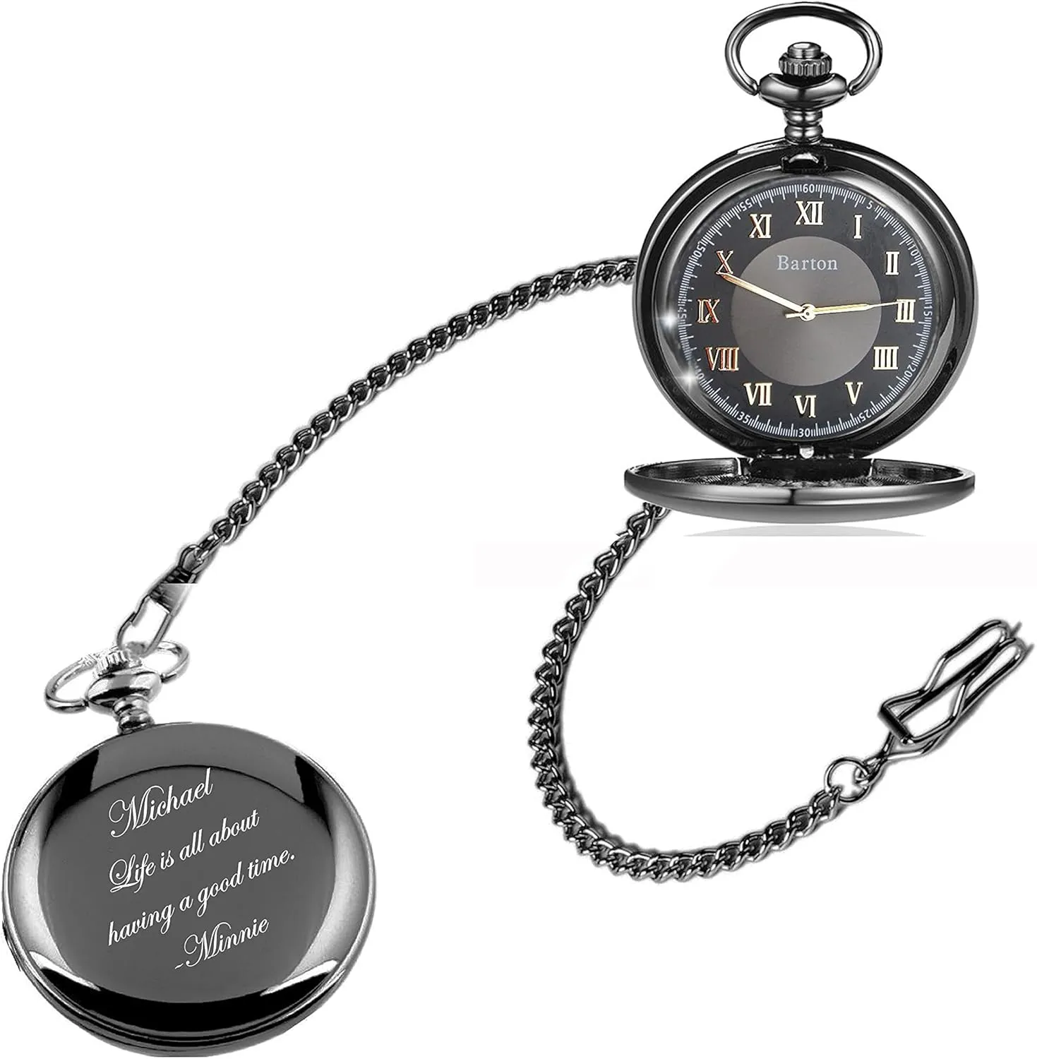 Personalized Gunmetal Pocket Watch with Gold Dial Custom Engraved Free with Gift Box - Ships from USA