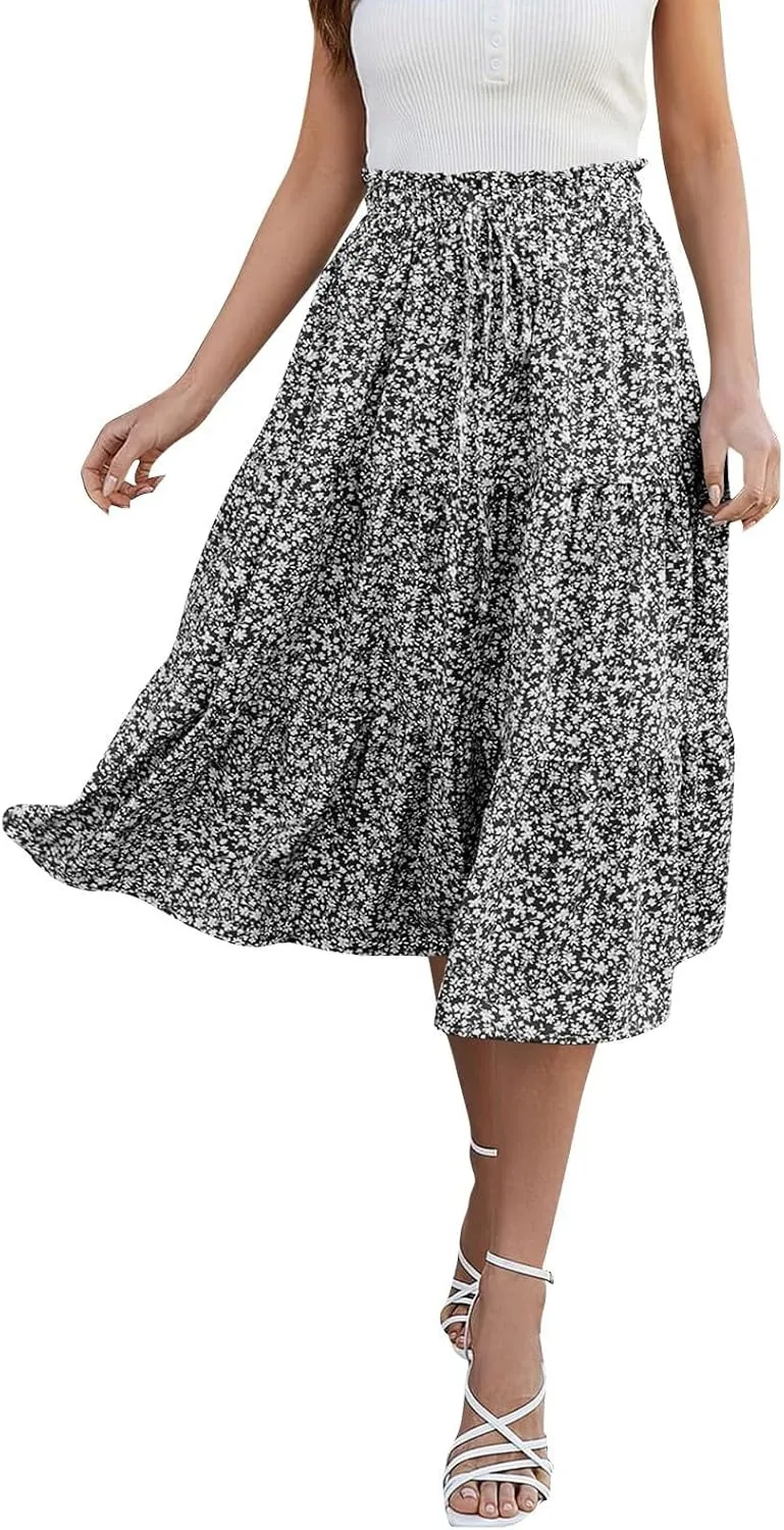 Petite Midi Skirt Maxi Spring Flowy Boho Comfy Tiered Western Pleated Midi Skirts for Women